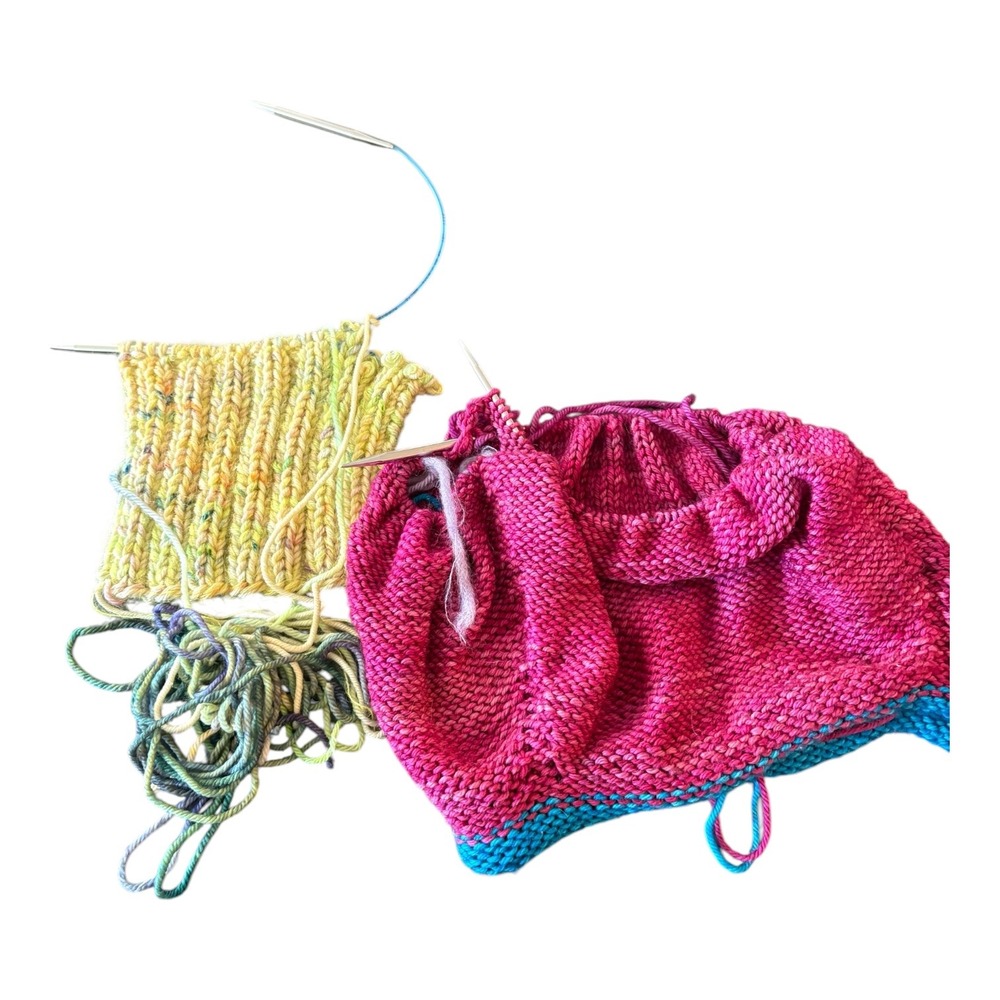 Handmade Knitting Project Bundle Pink Teal Yellow Wool Yarn Swatches Needles
